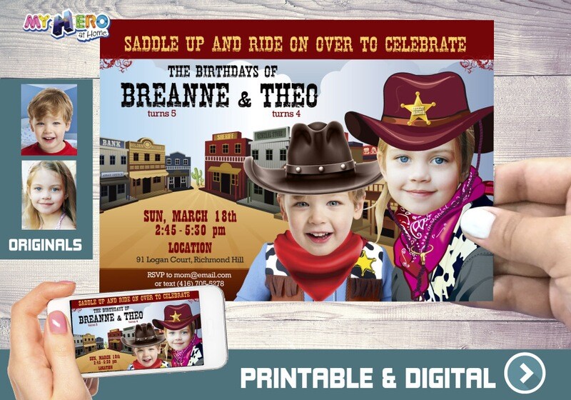 Joint Cowboys Birthday Invitation, Siblings Cowboys Invitation, Cowboys Party Ideas for siblings, Custom Cowboys Invitation. 205