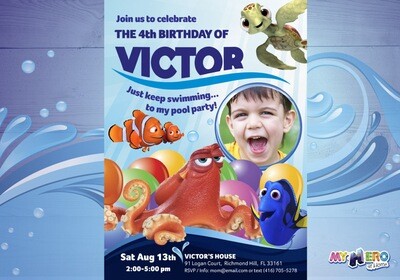 Finding Dory Birthday Invitation for boys, Finding Dory Digital Invitation, Finding Dory Virtual, Finding Dory Pool Party. 222