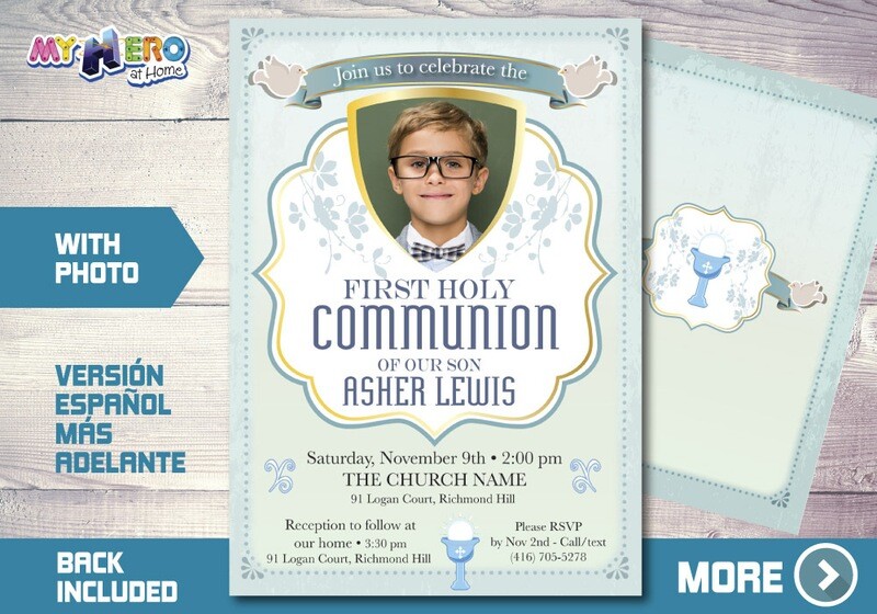 Boy First Communion Invitation, First Holy Communion Invitation, 1st Communion invitation, Invitación Primera Comunión para Niños.​ 379