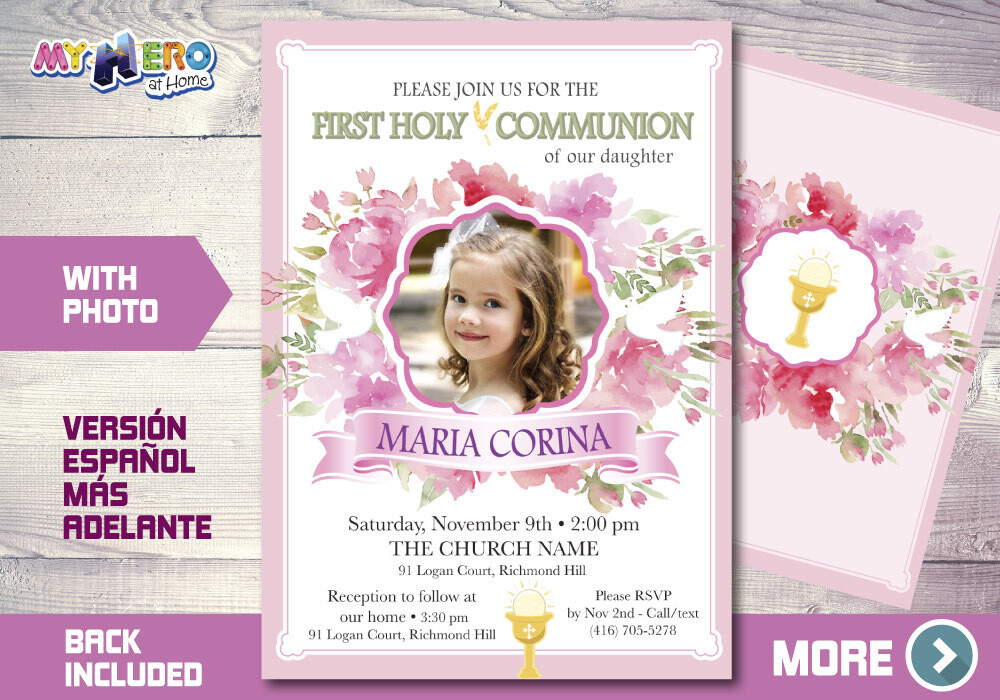 Girl First Communion Invitation, First Holy Communion Invitation, 1st Communion Invitation, Invitación Primera Comunión para Niñas. 383