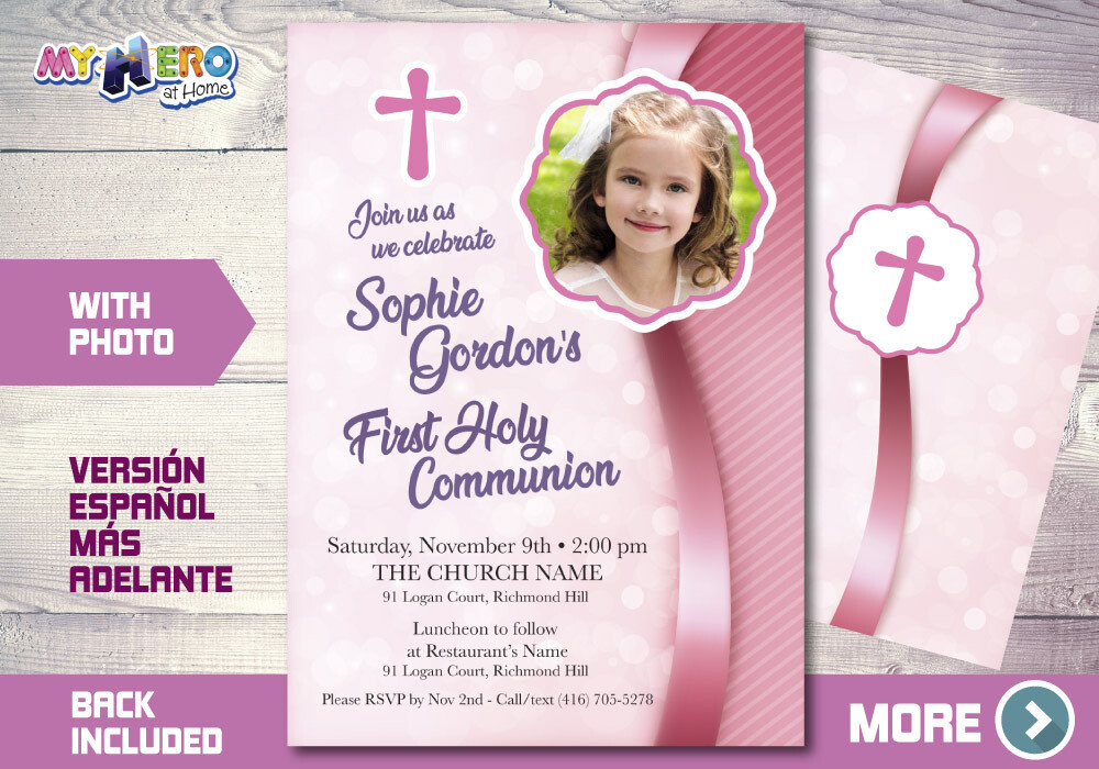Girl First Communion Invitation, First Holy Communion Invitation, 1st Communion Invitation, Invitación Primera Comunión para Niñas. 384