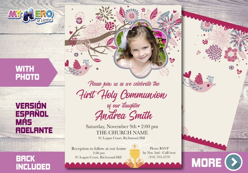 First Holy Communion Invitation, First Communion Invitation for Girls, Communion invite, Invitación Primera Comunión para Niñas. 386