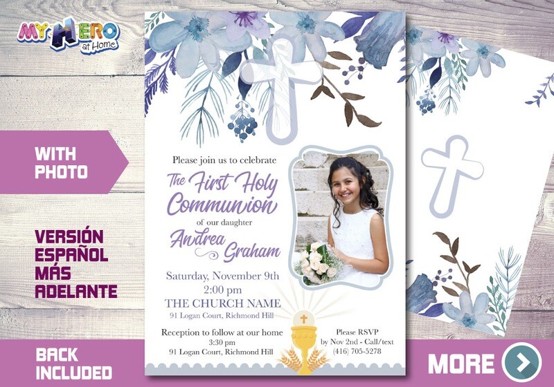 First Holy Communion Invitation, First Communion Invitation for Girls, 1st Communion invitation, Invitación Primera Comunión para Niñas. 385