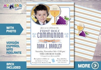 First Holy Communion Invitation, First Communion Invitation for Boys, 1st Communion invitation, Invitación Primera Comunión para Niños. 381