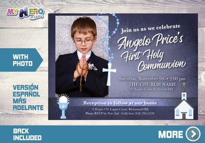 First Holy Communion Invitation, First Communion Invitation for Boys, Communion invitation, Invitación Primera Comunión para Niños. 382