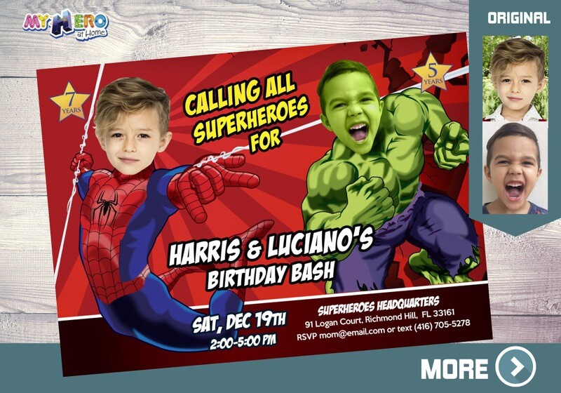 Spider-Man and Hulk Birthday Invitation, Hulk and Spider-Man Party, Joint Spider-Man and Hulk Party, Superheroes Siblings Party Invitation. 093