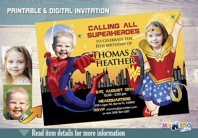 Spider-Man and Wonder Woman Birthday Invitation, Joint boy and girl superheroes birthday, Wonder Woman and Spider-Man Party. 181