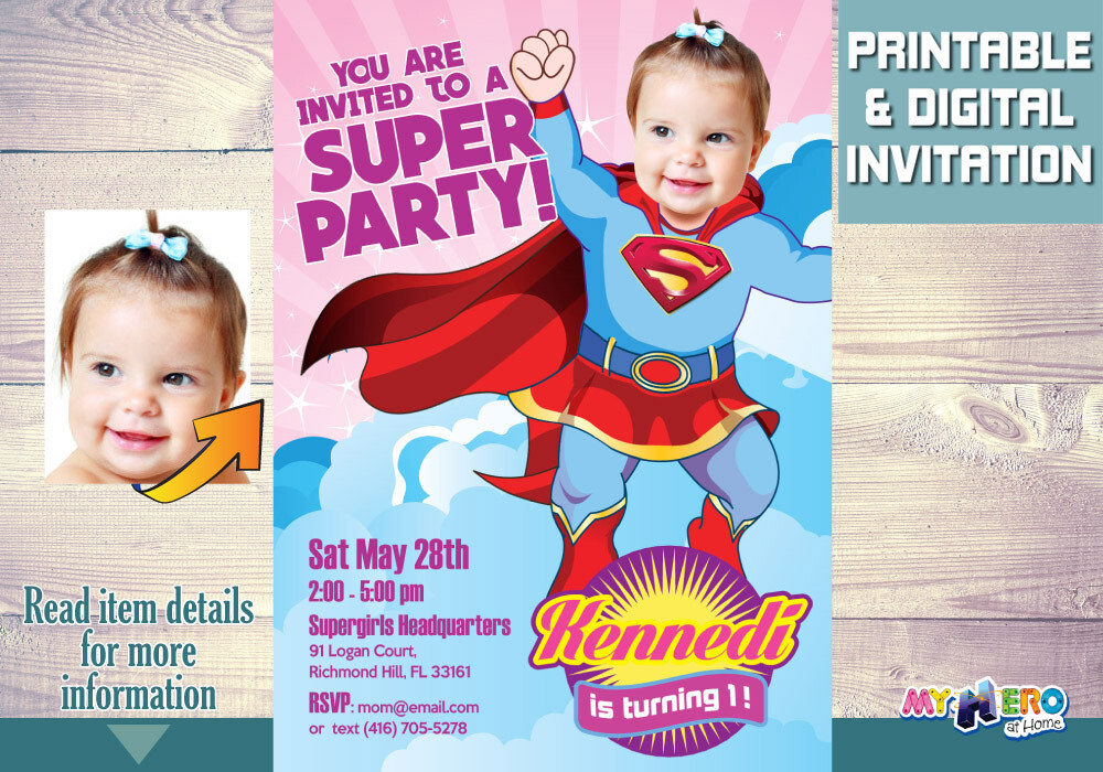 Supergirl 1st Birthday Invitations. Turn your baby into a beautiful Supergirl. Super girl First Bday Ideas. Supergirl 1st Party Ideas. 108