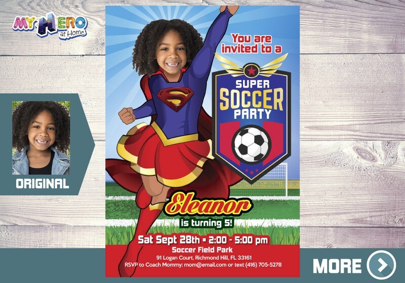 Supergirl Soccer Party Birthday Invitation, Supergirl themed Soccer party, Girls Soccer Party Birthday. 139
