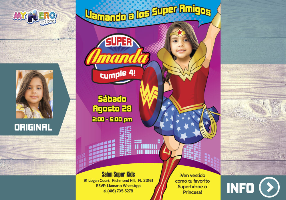 Mujer Maravilla Invitación de Cumpleaños. Fiesta tema Mujer Maravilla. Ideas Cumple Wonder Woman. Wonder Woman Invitación. 127SP