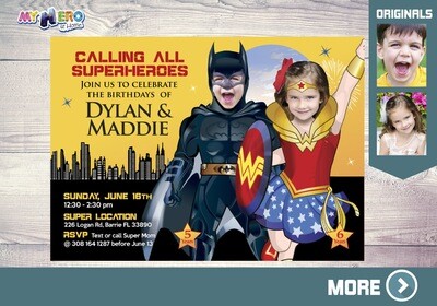 Batman and Wonder Woman Birthday Invitation. Superheroes Sister & Brother. Joint Superheroes Party Ideas. Super Siblings Party. 132
