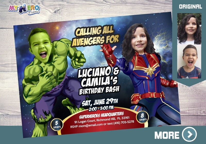 Hulk and Captain Marvel Birthday Invitation, Hulk and Captain Marvel theme Party, Joint Capt Marvel and Hulk template Invitation. 256