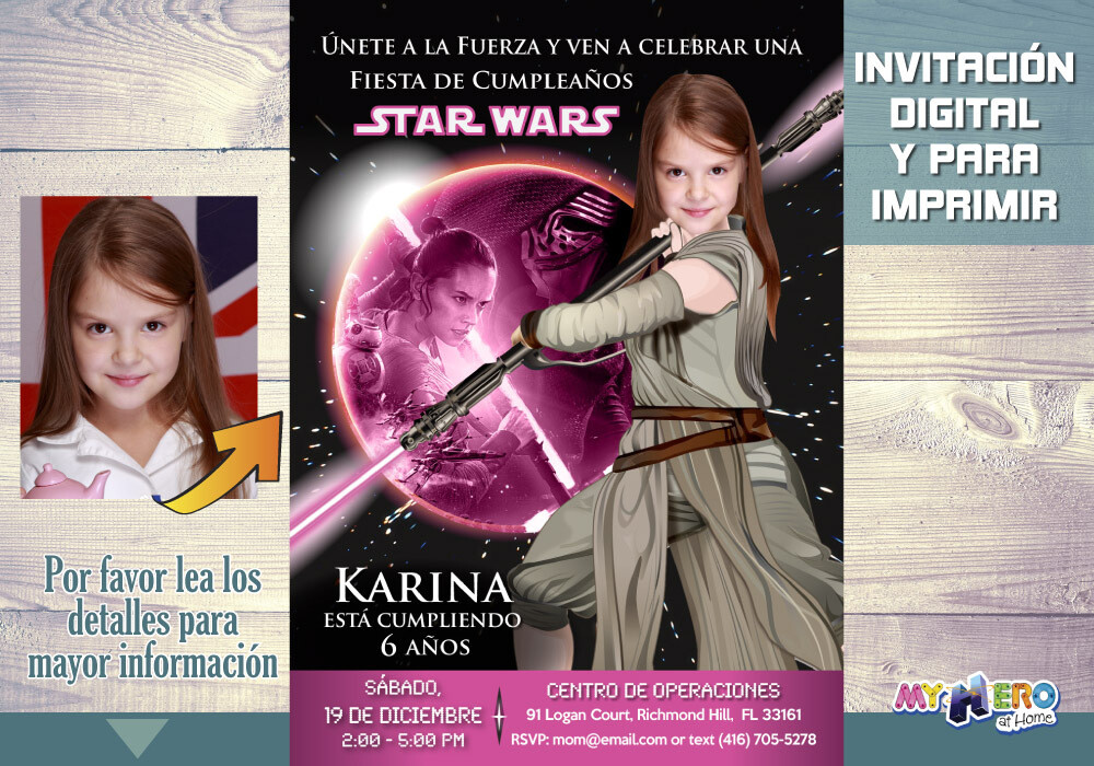 Star Wars Invitación de cumpleaños para niñas Rosa y Negro. Su niña como la Jedi Rey. Fiesta Jedi Rey Rosa Negro. Cumpleaños Jedi Rey. 010SP