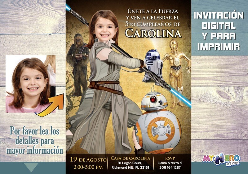 Invitación de cumpleaños Star Wars para niñas. Convierta a su niña en la Jedi Rey. Ideas Fiesta Jedi Rey. Cumpleaños Jedi Rey. 012SP