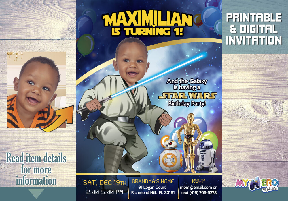 Star Wars First Birthday Invitation. Turn your baby boy into a young Jedi. Star Wars Invitation. Baby Jedi. Baby's First Birthday. 017AA