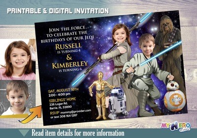 Star Wars Siblings Invitation, Joint Star Wars Birthday, Luke Skywalker and Jedi Rey Party, Jedi boy and girl bday invitation. 028