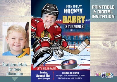 Chicago Blackhawks Birthday Invitation, Chicago Blackhawks Party, Child Hockey Party, Hockey Digital, Hockey Virtual, Hockey Birthday. 301