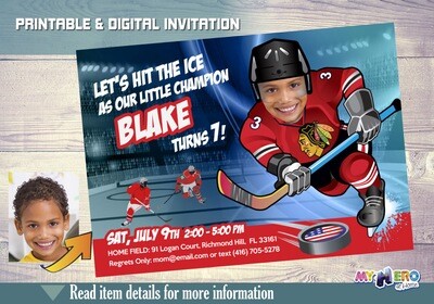 Chicago Blackhawks Birthday Invitation, Chicago Blackhawks Party, Child Hockey Party, Hockey Digital, Hockey Virtual, Hockey Birthday. 302