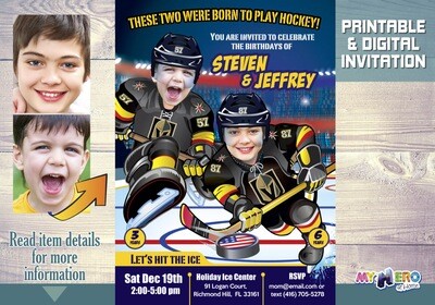 Golden Knights Siblings Birthday Invitation, Joint Golden Knights Party, Hockey Siblings Party, Joint Hockey Party Invitation. 329