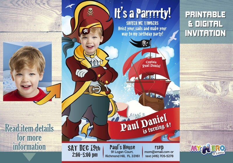 Pirates Birthday Invitation with photo of your kid, Custom Pirate Party template, Pirates Digital Invitation, Pirates online template. 229