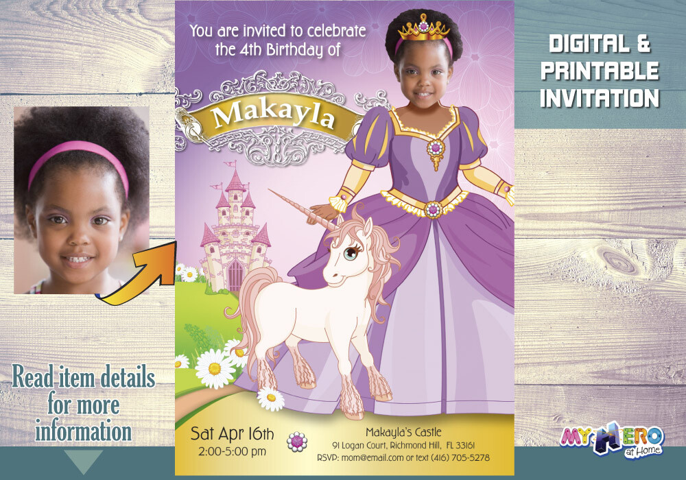 Unique Princess Birthday Invitation, Princess photo invitation, Unique Princess Unicorns Bday Invitation, Custom princess invitation. 243