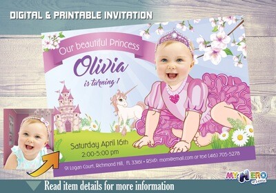 Baby Princess 1st Birthday. 1st Birthday Princess Photo Invitation. First Party Princess theme. Baby Princess First Party. Baby Unicorn. 245