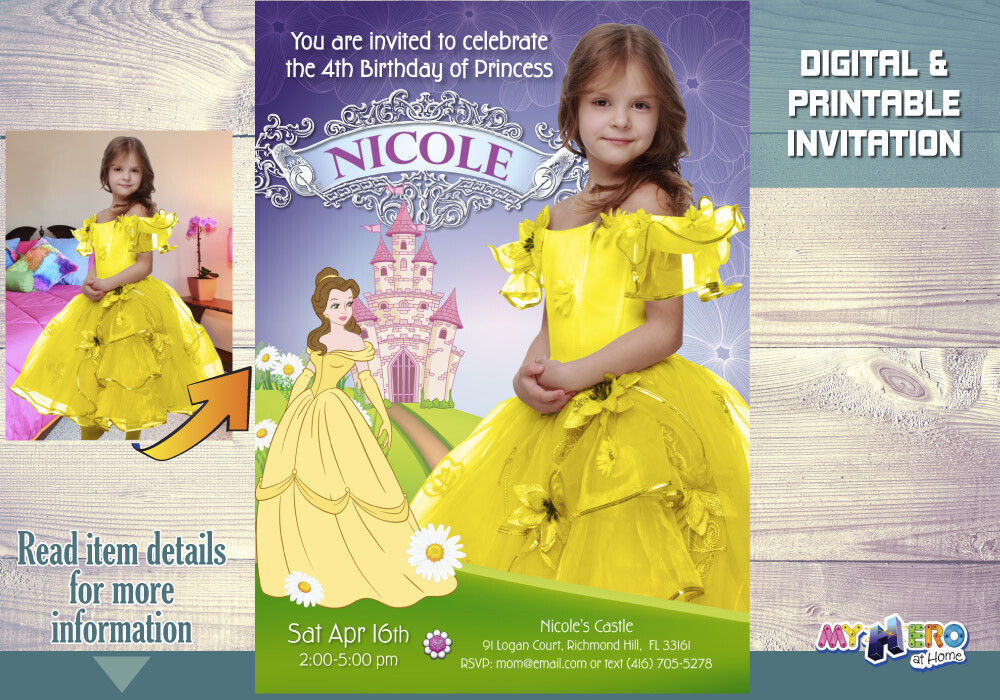 Princess Belle Photo invitation, Princess Belle Birthday, Princess Belle Theme Party, My own Princess Belle Invitation. 253