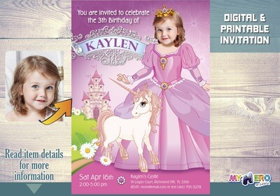 Princess Birthday Invitation, Princess Digital Invitation, Princess Unicorns theme party, Custom Princess Party. 242
