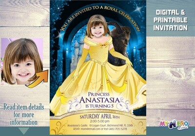 Princess Belle birhday Invitation, Princess Belle Theme Party, Princess Belle digital Invitation, Princess Belle favor tags. 251