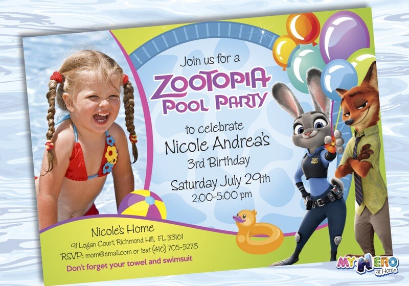 Zootopia Pool Party Birthday Invitation, Themed Zootopia Pool Party, Zootopia Digital Invitation. 054