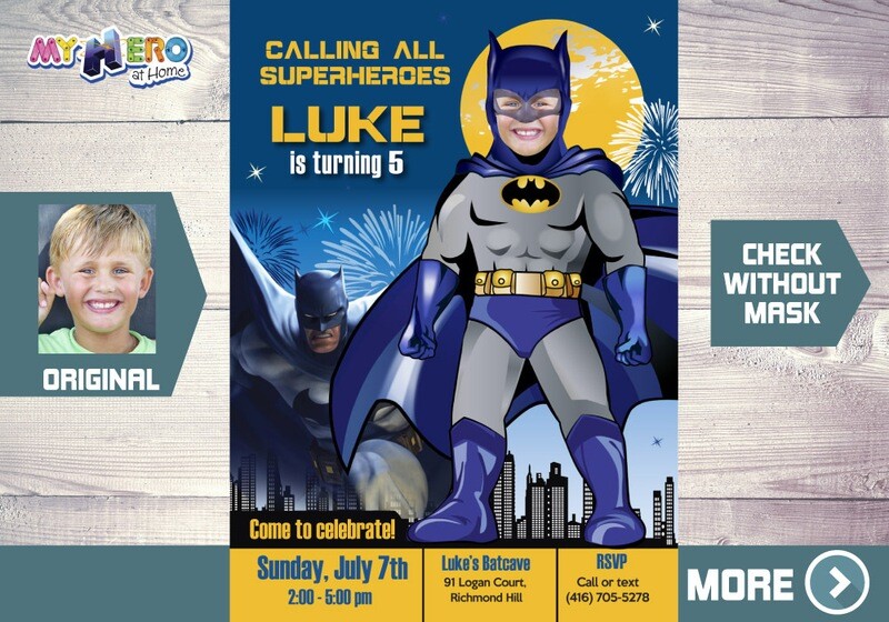 Classic Batman birthday Invitation, Batman Themed-Party, Batman party invitation with photo, Batman tempalte. 061
