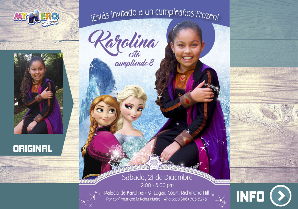 Invitación Frozen con su niña vestida de Anna. Invitación Frozen con foto. Fiesta tema Frozen. 269SP