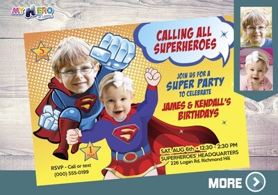 Superman and Supergirl Invitation, Super Siblings Invitation, Joint Superheroes Party, Super Brother and Super Sister Party. 119