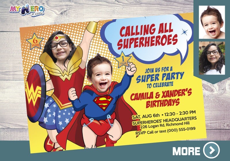 Wonder Girl and Baby Superman Birthday Invitation, Wonder Girl and Baby Superman Party, Wonder Girl and Baby Superman invitation template. 133