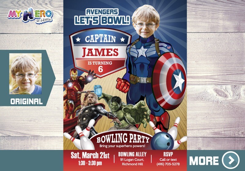 Captain America Bowling Party Invitation, Captain America Bowling Birthday Invitation, Custom Captain America Invitation. 138
