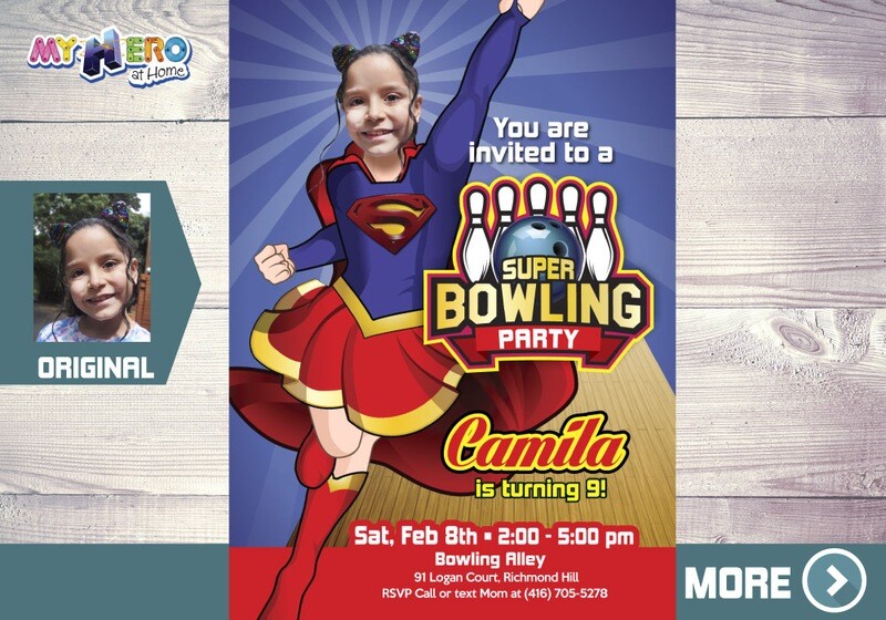 Supergirl Bowling Party Invitation, Bowling Supergirl theme Party, Super Hero Girls Bowling Party, Bowling Party Ideas for girls, 145