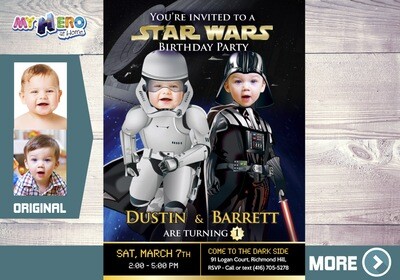 Star Wars 1st Birthday Invitation, Star Wars 1st party, Star Wars Baby Twins party, Babies Darth Vader and  Stormtrooper party. 037B