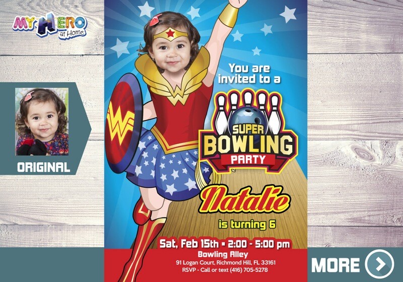 Wonder Woman Bowling Party Invitation, Bowling Party Wonder Woman, Bowling Party Ideas for girls, Fiesta bowling Wonder Woman. 143