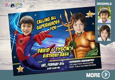 Spider-man and Aquaman Birthday Invitation, Superheroes Digital Invitation, Super Siblings Party, Aquaman and Spider-man theme Party. 294
