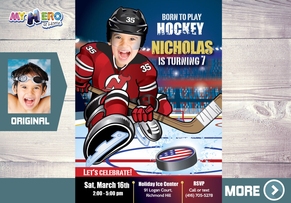 New Jersey Devils Birthday Invitation, New Jersey Devils Party, Hockey Digital, Hockey Virtual Party, Hockey Birthday Invitation. 321