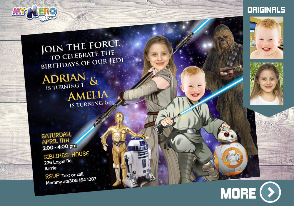 Star Wars Siblings Invitation, Joint Star Wars Birthday, Luke Skywalker and Jedi Rey Party, Jedi boy and girl bday invitation. 028B