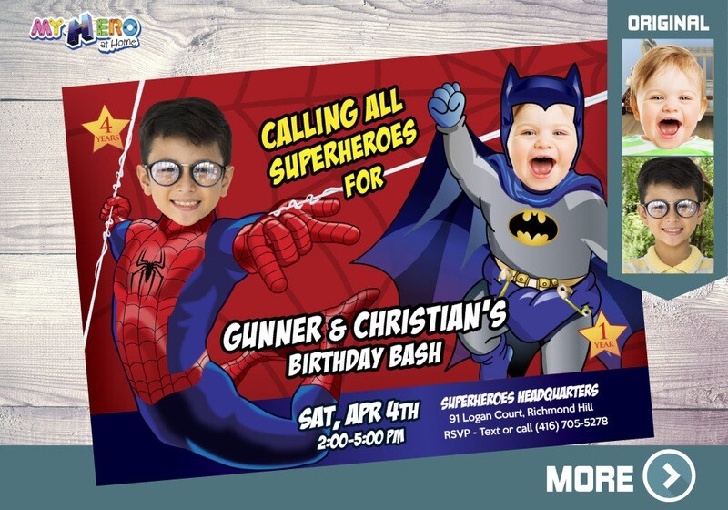 Batman and Spider-man Invitation, Spider-man and Batman Party, Batman and spider-man theme party. 107