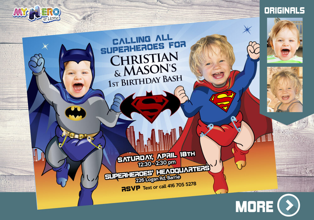 Superman and Batman 1st Birthday. Super Baby Twins Invitation. Baby Batman and Baby Superman Party Ideas. Super Babies Party. 065
