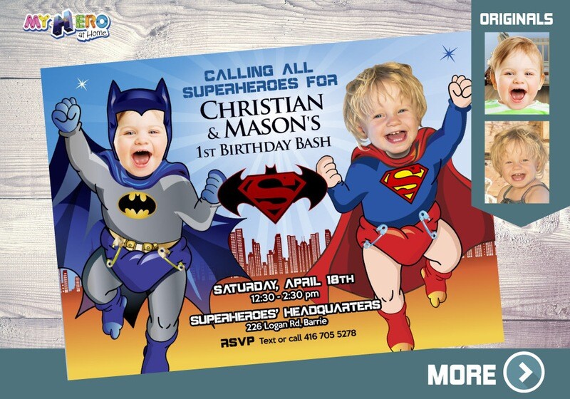 Baby Batman and Baby Superman Party invitation, Superman and Batman 1st Birthday, Super Baby Twins Invitation, Super Babies invitation. 065