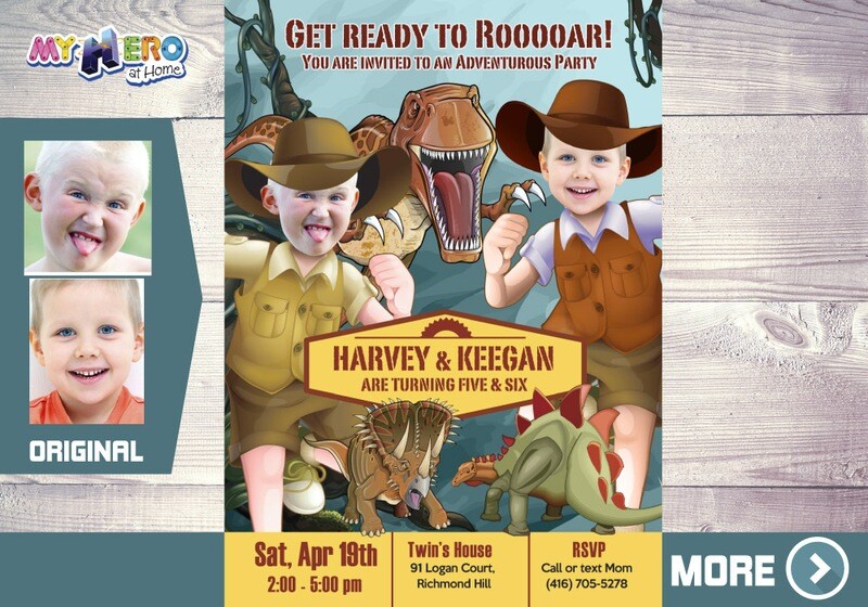 Joint Dinosaurs Invitation with photos, Dinosaurs Siblings Birthday, Joint Dinosaurs Party Invitation. 211