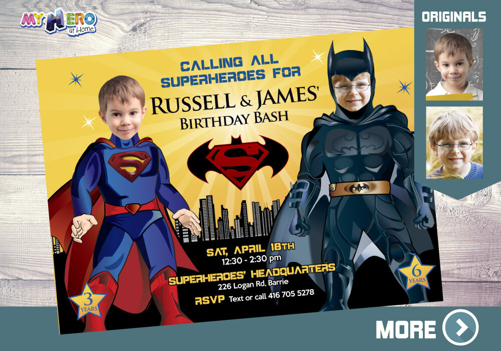 Superman and Batman Invitation, Batman Superman party, Joint Batman Superman party, Joint Batman Superman digital. 067