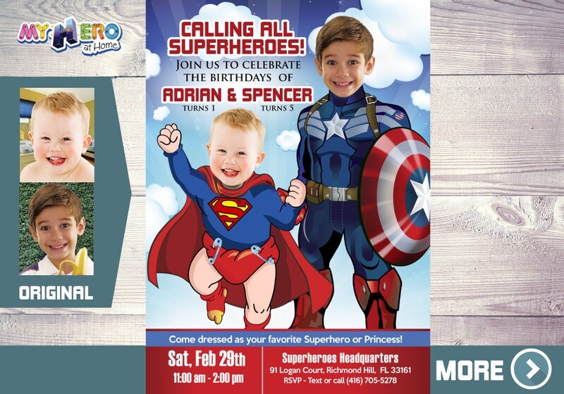 Captain America and Superman Invitation, Siblings Superheroes Party, Joint Superheroes Birthday Invitation, Super Brothers Invitation, 083