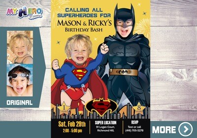 Superman and Batman Birthday Invitation. Joint Batman and Superman Invitation. Superman vs Batman Joint Party. Joint Superheroes Party. 066