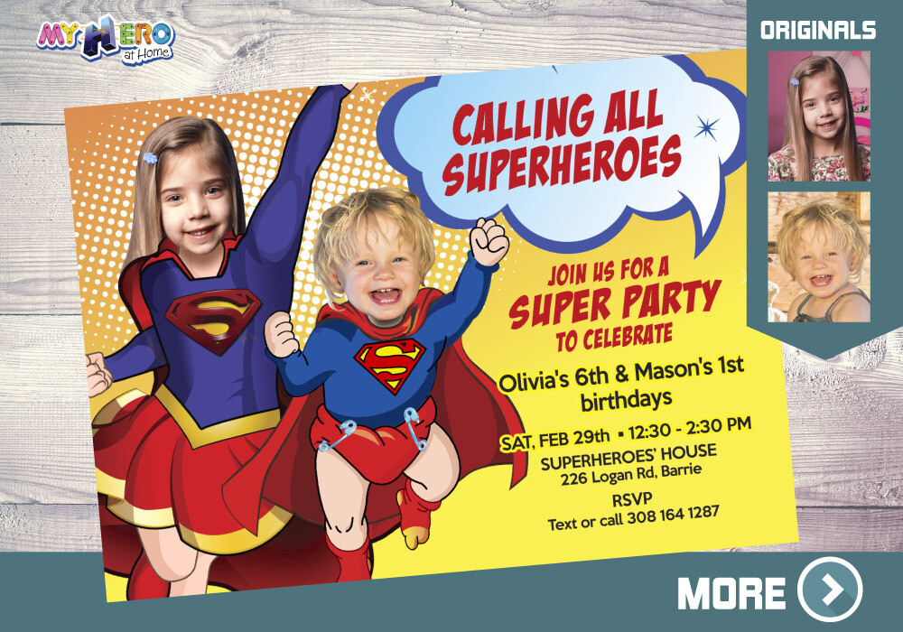 Super Girl and Baby Superman Birthday Invitation, Super Girl and Baby Superman Party, Super Girl and Baby Superman invitation template. 118