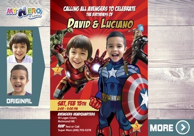 Captain America and Iron Man theme party, Captain America and Iron Man Birthday, Joint Avengers Party Invitation, Avengers Party for 2. 079
